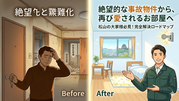 【松山市の大家さん・管理会社様へ】孤独死による「事故物件化」と「空き家放置」の二重苦を完全リセット。資産価値を守り抜く、特殊清掃から遺品整理までの完全解決ロードマップ